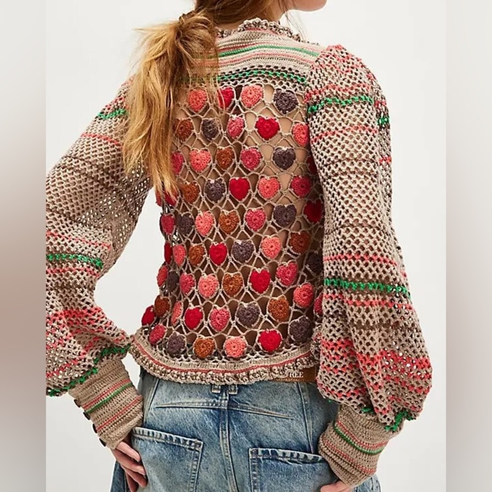 NWOT Free People Heart Eyes Cardi Cardigan Sweater in Moonlight Hearts Combo - Picture 2 of 9